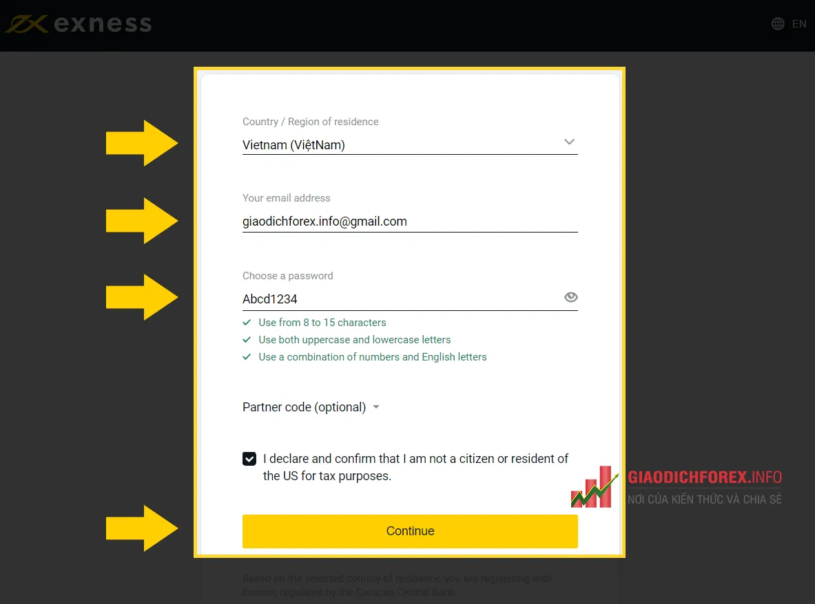 Cách mở tài khoản demo Exness trên Desktop và Mobile: Điền form đăng ký